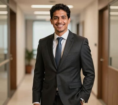 A professional portrait of a male lawyer in a dark suit, South American / Brazilian setting, standing in a bright office hallway with a warm and approachable expression, professional lighting.