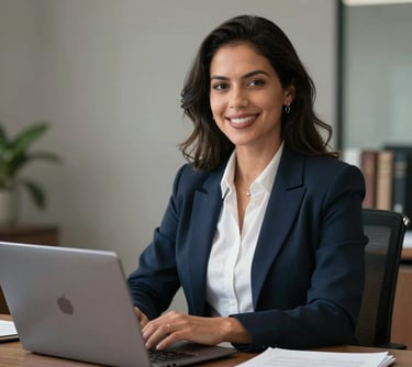 A professional portrait of a female lawyer in business attire, South American / Brazilian appearance, sitting at a desk with a laptop and legal documents, smiling confidently, soft office lighting.