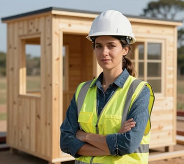 A professional South African female site manager wearing a white hard hat and high-visibility vest, standing in front of a newly installed timber cabin unit on a sunny day.