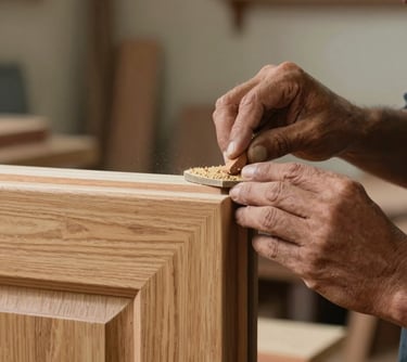 Close-up photography of a skilled artisan's hands carefully sanding the corner of a handcrafted wooden door frame in a South African carpentry studio.