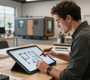 A South African architectural designer in a modern studio setting, reviewing detailed floor plans for a modular cabin project on a large tablet.