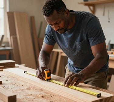 Portrait photography of a focused South African master carpenter in a sunlit workshop, measuring a piece of light-colored timber with a professional tape measure.