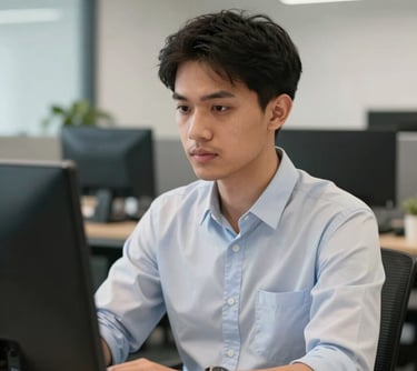 Professional portrait of a young Indonesian male developer wearing a smart-casual shirt, looking focused in a clean tech-oriented office environment.