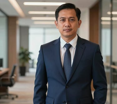 Professional portrait of an Indonesian male executive in a well-tailored navy suit, standing in a modern office hallway with soft corporate lighting.