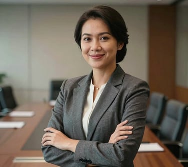 Professional portrait of an Indonesian female executive in elegant business attire, smiling confidently in a corporate boardroom setting.