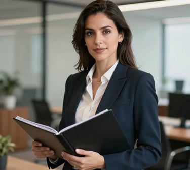 Professional portrait of a sophisticated woman in a corporate South American business setting, holding a portfolio, with a soft-focus office background.