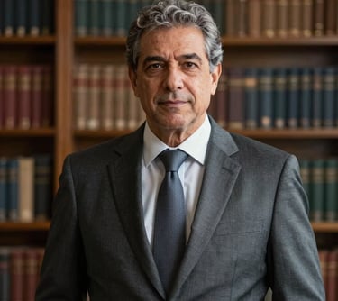Professional portrait of a mature Brazilian man in an elegant suit, standing in front of a refined library background, looking authoritative and welcoming.