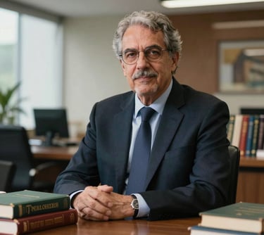 Portrait of a distinguished professor in a refined office setting, surrounded by academic journals and books, in a contemporary Brazilian university environment.