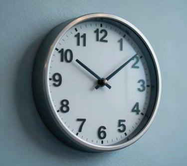A high-speed motion blur of a clock on a wall, symbolizing fast delivery and efficiency, in soft steel blue and mist blue tones.