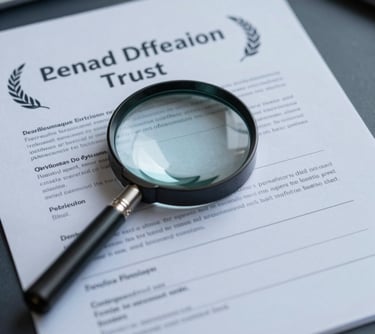 A magnifying glass over a verified certificate document on a professional desk, signifying authentication and trust, in mist blue and charcoal blue.