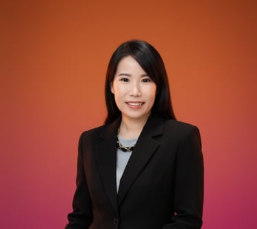 a woman in a black suit and a pink background