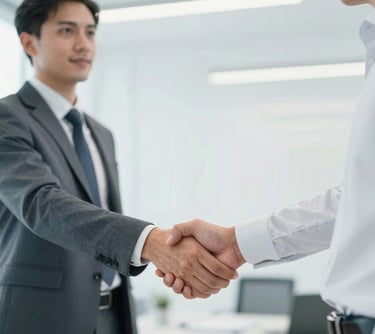 Two professionals in a bright, clean office having a respectful handshake. The style is professional and sophisticated, emphasizing trust and partnership with a palette of #F8F4F0 and #3D5B5F.