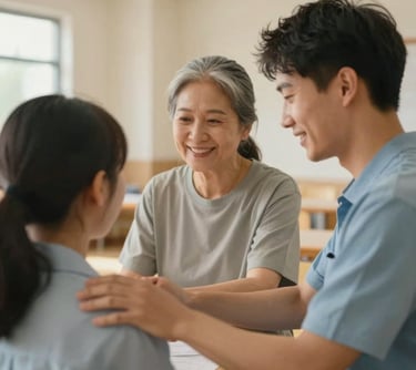 A person helping another in a dignified, warm setting, like a community center. The lighting is soft and golden, communicating compassion and stewardship, using #F8F4F0 and #3D5B5F.