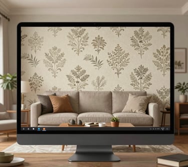An image of the 3D Wallpaper Presenter in use, showing a realistic Indian living room where wallpaper patterns are being swapped digitally.