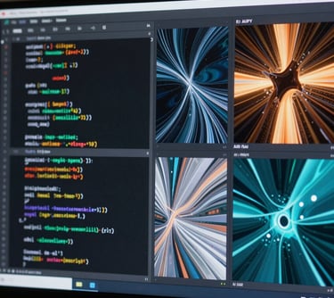 A close-up of a high-tech screen displaying AI-generated code and abstract artistic visualizations, representing the AJUPY AI engine.