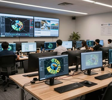 A wide shot of a professional tech workspace in India with high-end computers and 3D modeling screens, representing Mahashankh Design and Technology.