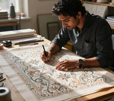 A photography of a South Asian designer working on an elegant digital textile pattern in a sunlit, professional studio filled with fabric swatches.