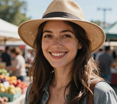 A portrait of a woman in a sun hat smiling warmly, with a blurred background of a bustling North American farmers market on a clear day.