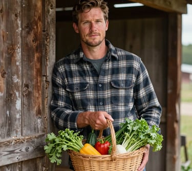 A portrait of a man in a flannel shirt leaning against a rustic wooden stall, holding a basket of fresh vegetables, North American rural setting.