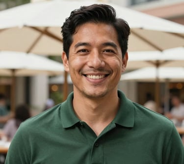 A headshot of a friendly man in a dark green polo shirt smiling against a background of white market umbrellas in a North American plaza.