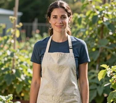 A professional portrait of a woman wearing a canvas apron and a friendly smile, standing in a sunlit North American garden with leaf green foliage.