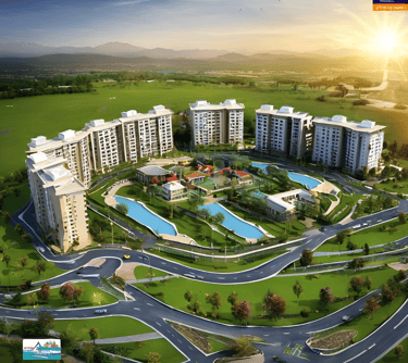a large apartment complex with a swimming pool and a swimming pool