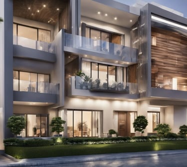a modern house with a large balcony and a car parked in front of it