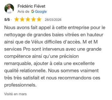 Avis google 5 étoiles clients m&m services pro nettoyage et vitres rouen 