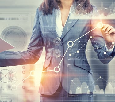 A business woman studying a trend on a futuristic display