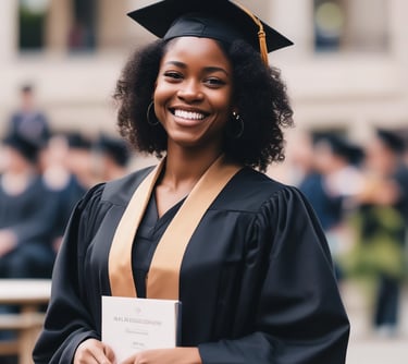 a woman in a graduation gown and a graduation cap