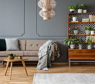 canapé avec mur gris et bibliothèque