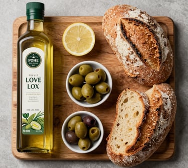A flat lay of gourmet products including AOVE, artisan bread, and olives, arranged artistically on a wooden board, Mediterranean / Spanish / Andalusian style.