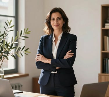 A professional woman with a welcoming but authoritative expression, standing in a sunlit Mediterranean / Spanish / Andalusian office with olive branches in a vase on the desk.
