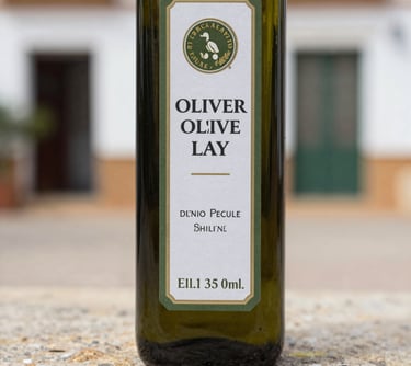 Close-up of a premium olive oil bottle with an elegant label, placed on a stone surface in a Mediterranean / Spanish / Andalusian setting, soft natural lighting.