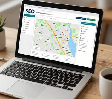A close-up of a laptop screen showing a local SEO dashboard with maps of Jaén, in a clean and modern Mediterranean / Spanish / Andalusian workspace.