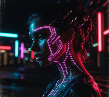 Image of a cyborg woman with glowing electron paths on her face set at night time.