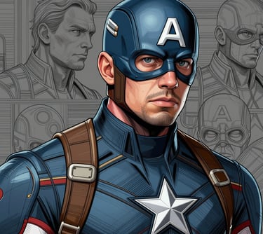 Image of a concept drawing of Captain America set against other sketches of him.