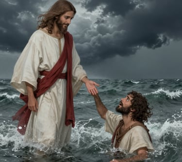 3D render of Jesus pulling Peter from the sea