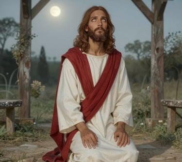 3D render of Jesus praying in the garden of Gethsemenie at night.