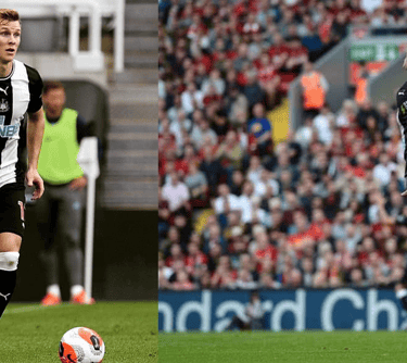 Newcastle United footballer Emil Krafth playing in a Premier League match at St James' Park.
