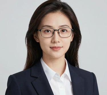 Portrait of a professional woman with glasses, focused and reliable. Neutral high-end studio background with soft #F5F8FC tones.