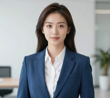 Portrait of a professional female executive in a white shirt and blue blazer. Bright, minimalist setting with soft lighting and corporate style.