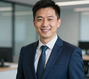 Portrait of a professional male consultant in a navy suit, smiling confidently. High-end lighting, blurred office background with blue tones (#2F5B8B).