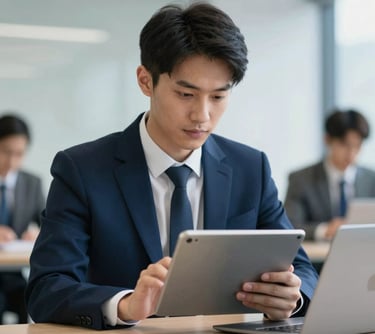 Portrait of a business professional looking at a tablet, showcasing a tech-focused, modern consultancy approach. Corporate aesthetic with dark blue accents.