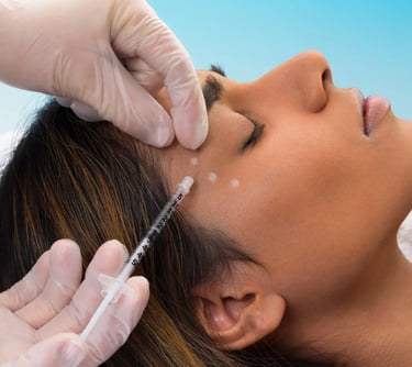 A woman receiving a facial injection for Botox treatment by the best cosmetic dermatologist and skin specialist in Vadodara 