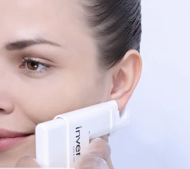 See a woman using an electric device for skin treatment. Come to us for professional ear piercing services as well!