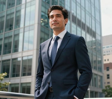 A professional portrait of a male executive in a North American / US downtown glass-walled office, looking confident and vibrant. Bright daylight reflects muted teal tones from the windows.