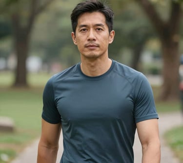 A professional portrait of a male sustainability expert in a North American / US park setting, wearing high-quality athletic apparel, looking energetic and healthy. Soft natural lighting.