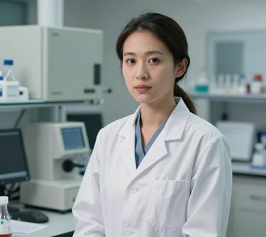 A professional portrait of a female scientist in a high-tech North American / US laboratory, wearing a clean lab coat, surrounded by sophisticated equipment and soft sage accents.