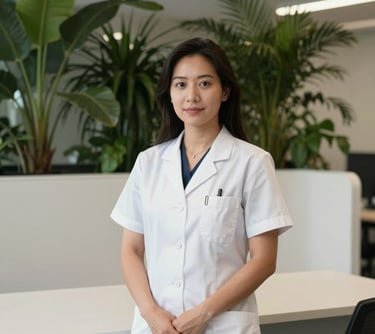A professional portrait of a female nutritionist in a modern, clean North American / US office with minimalist off-white furniture and dark forest green plants in the background.